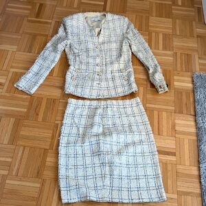 St. John Cream Tweed Blazer & Skirt Set with Black and Blue Windowpane